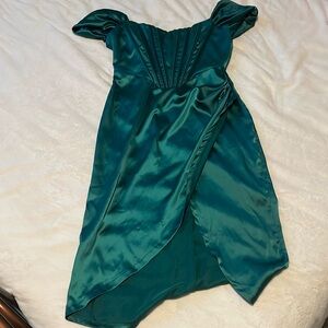 Off the shoulder corset satin emerald dress